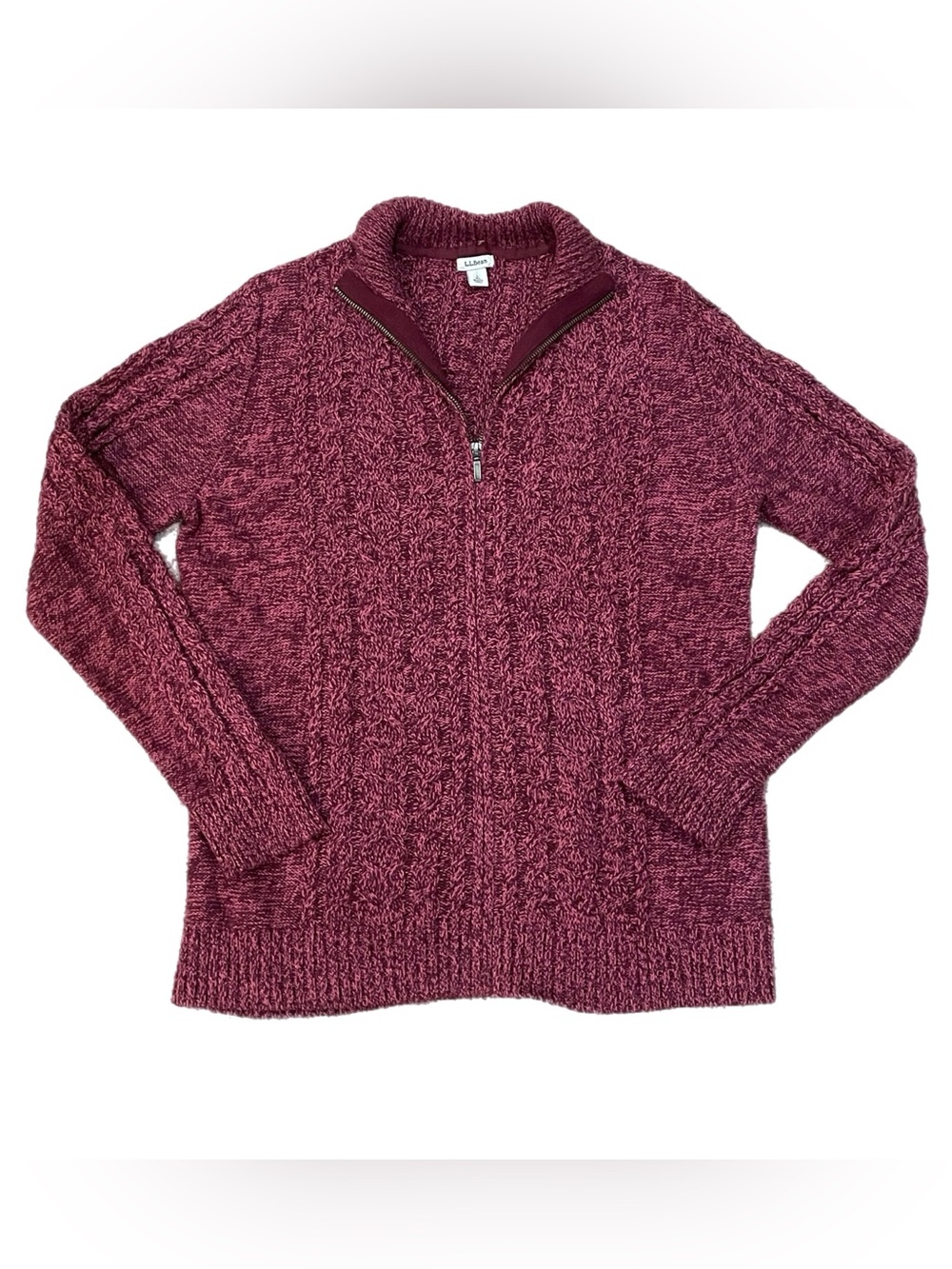 LL Bean Sweater 100% Cotton Fisherman Cardigan Full Zip Cable Knit Burgundy L